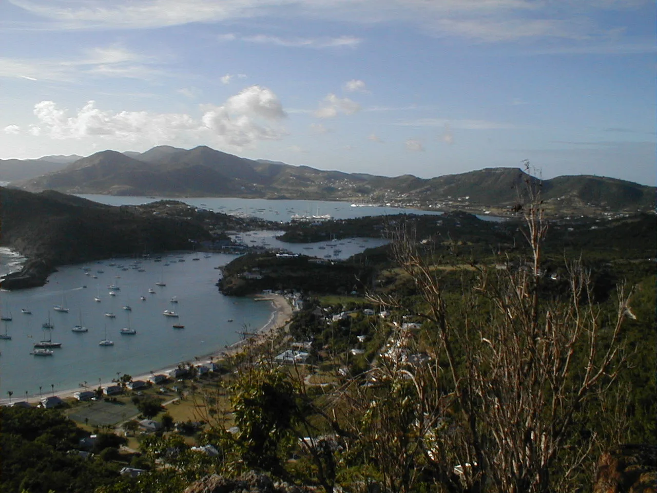Wooded hills folding around the sheltered bays of English Harbour and Falmouth in Antigua