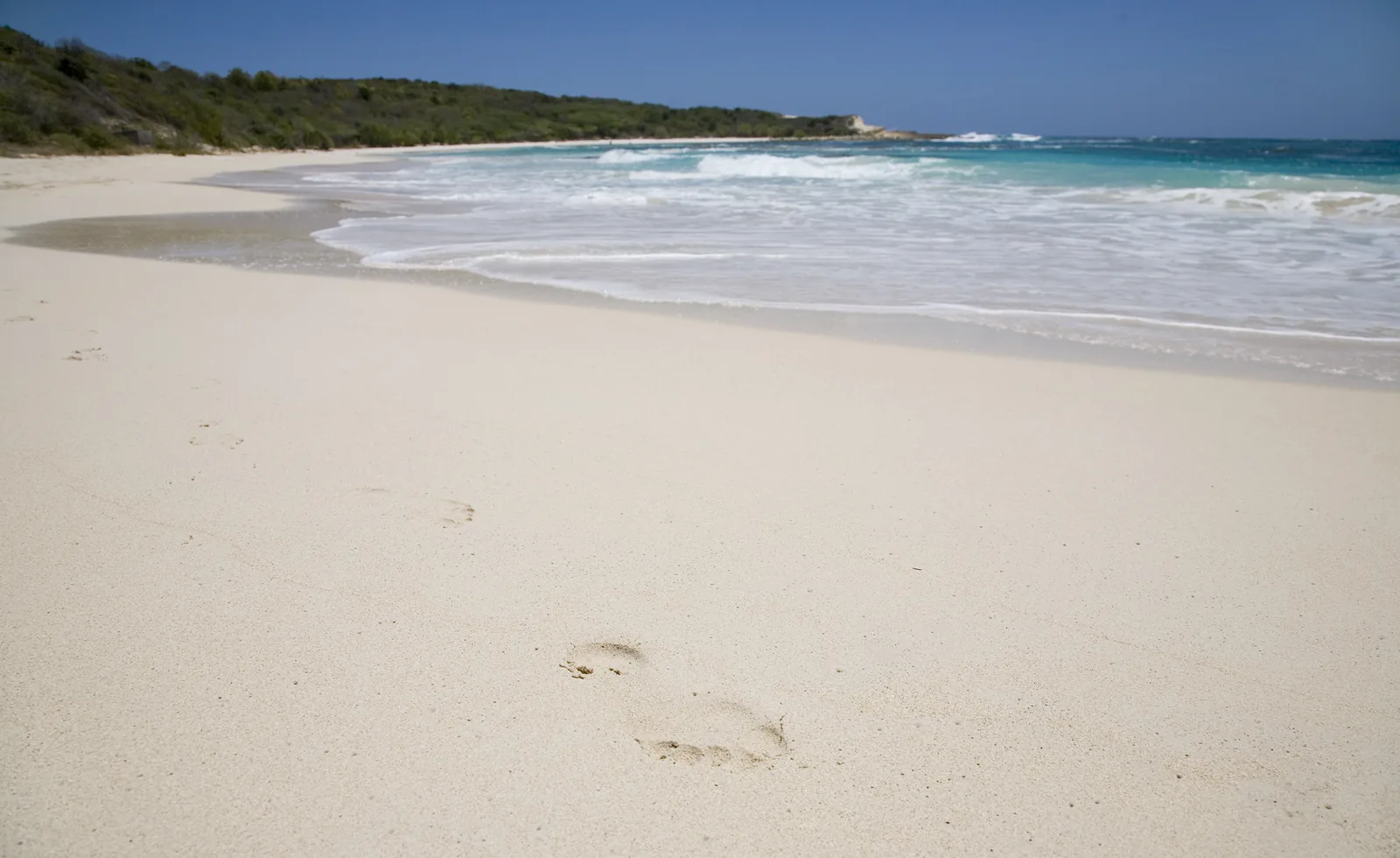 A wide curve of pale sand and turquoise surf at Half Moon Bay on the east coast of Antigua